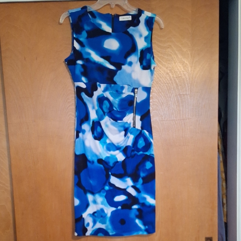 Calvin Klein Blue Sheath Midi Dress Crew Neck Sleeveless